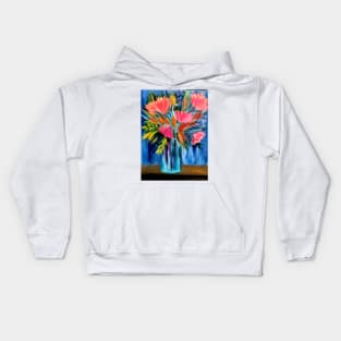 A lovely boutique of abstract vibrant bright colorful  flowers in a tall turquoise glass vase Kids Hoodie